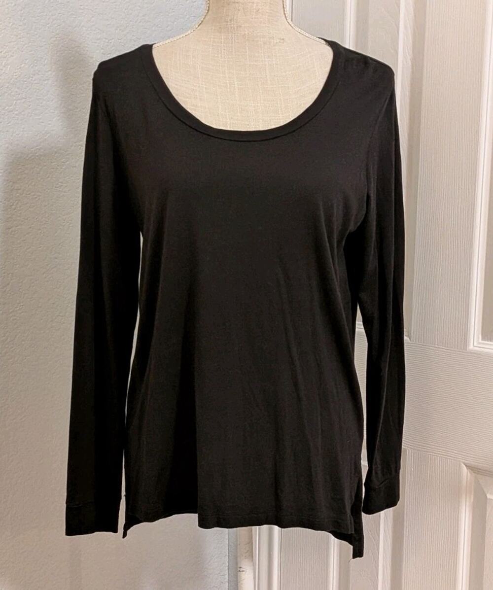 CUYANA Women's Top Long Sleeve Scoop Neck Cotton Modal Large Black Soft Stretch